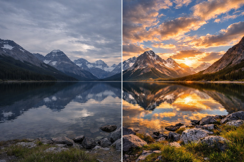 Side-by-side view of a mountain lake surrounded by rocky peaks, showing a cloudy sky on the left and a vibrant sunset on the right