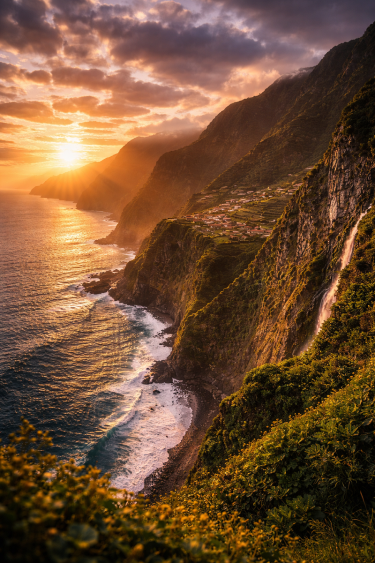 Sun setting over tall green cliffs with a cascading waterfall and ocean waves beneath, creating a warm scenic atmosphere