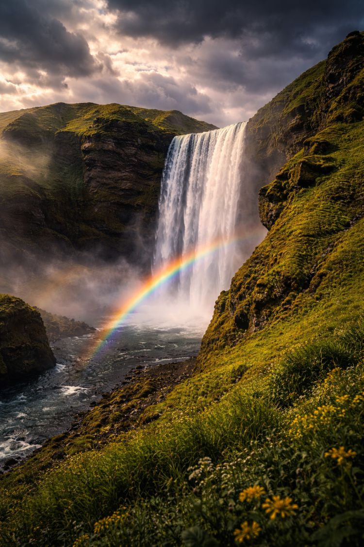 A powerful waterfall cascading down rocky cliffs with a vibrant rainbow arching through mist amid lush green hills under a dramatic cloudy sky.