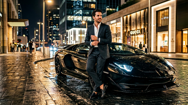Well-dressed man in suit leaning casually on a sleek black luxury sports car on a city street at night with illuminated storefronts