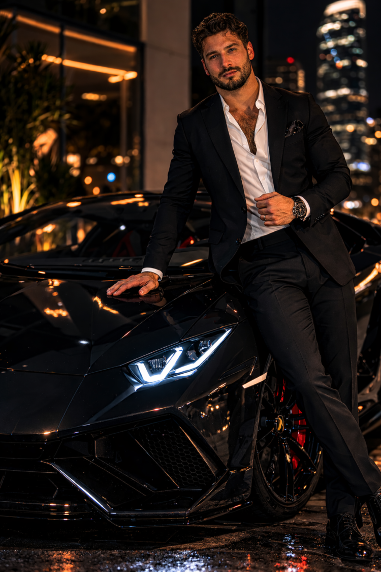 Man in elegant black suit leaning on sleek black luxury sports car with bright headlights in urban night setting