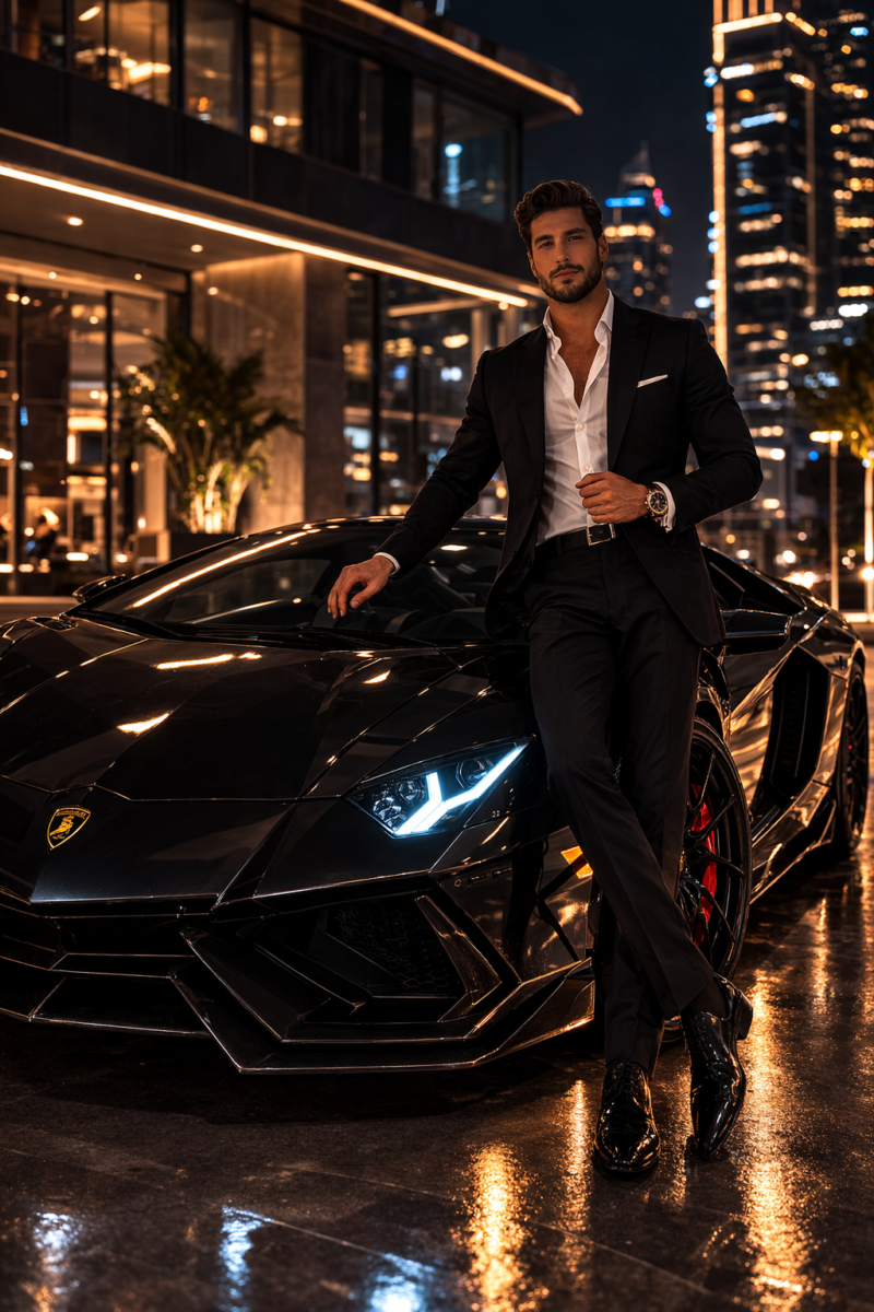 Well-dressed man in black suit leaning on sleek black Lamborghini sports car at night with city lights in background