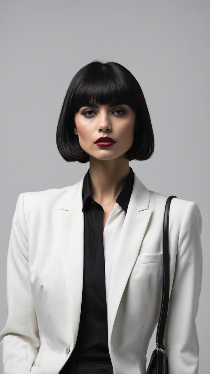 Portrait of a confident woman with bob haircut wearing a white blazer and black shirt against a gray background