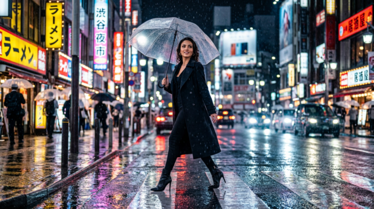 Fashionable woman in a dark coat crossing a wet street at night under a transparent umbrella in a vibrant city with illuminated signs
