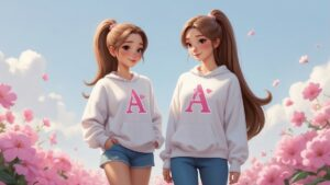 Two animated twin girls with long brown hair in white hoodies with pink A logo standing amid pink flowers and blue sky