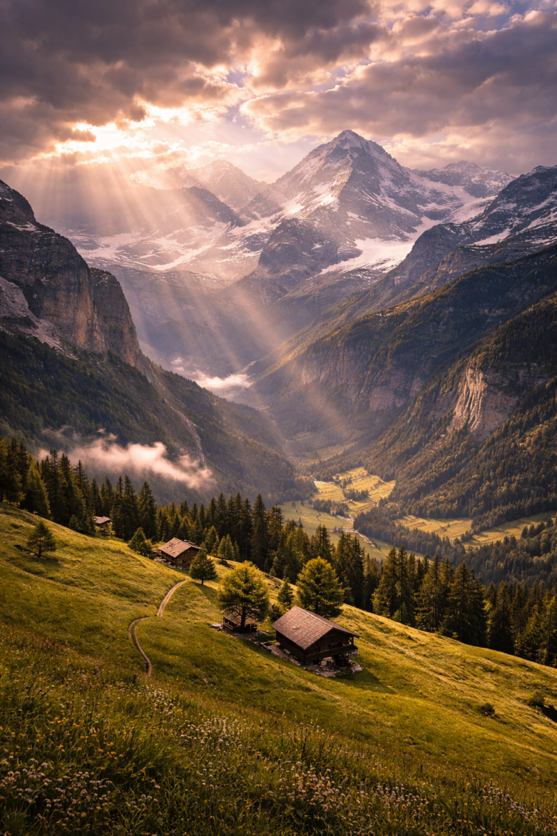 Sun rays breaking through clouds onto snowy alpine mountains, green valley with pine trees and wooden huts