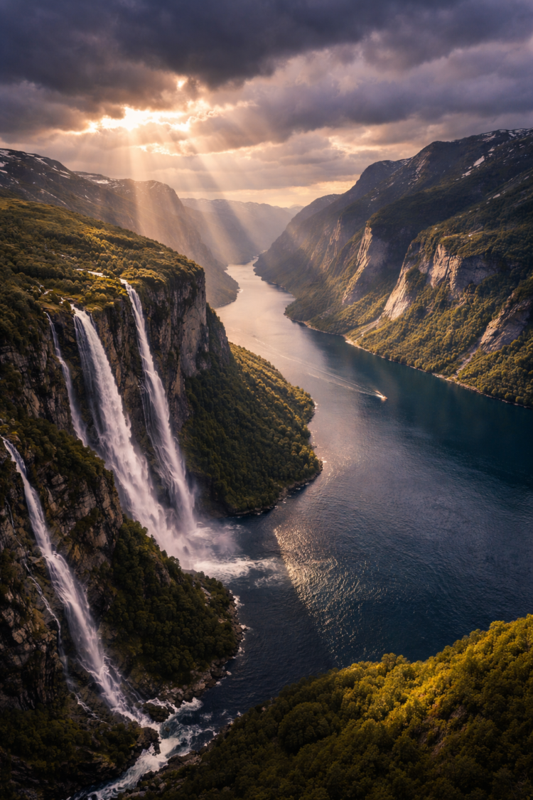 Scenic view of a Norwegian fjord with towering cliffs, cascading waterfalls, and sun rays breaking through dramatic clouds.