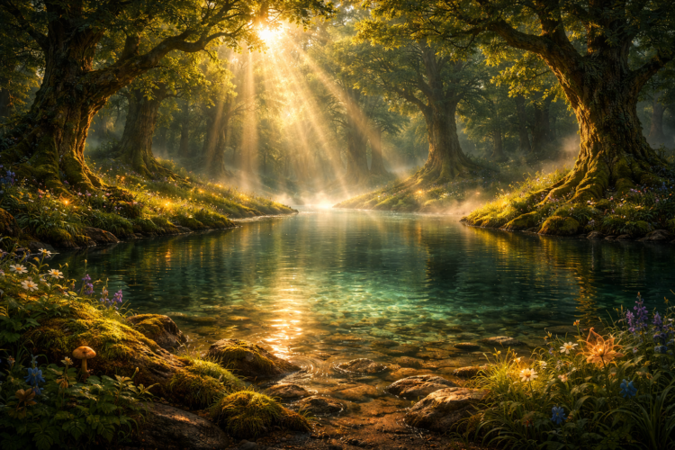 A tranquil forest scene with sunlight streaming through tall trees onto a clear stream surrounded by moss and wildflowers.