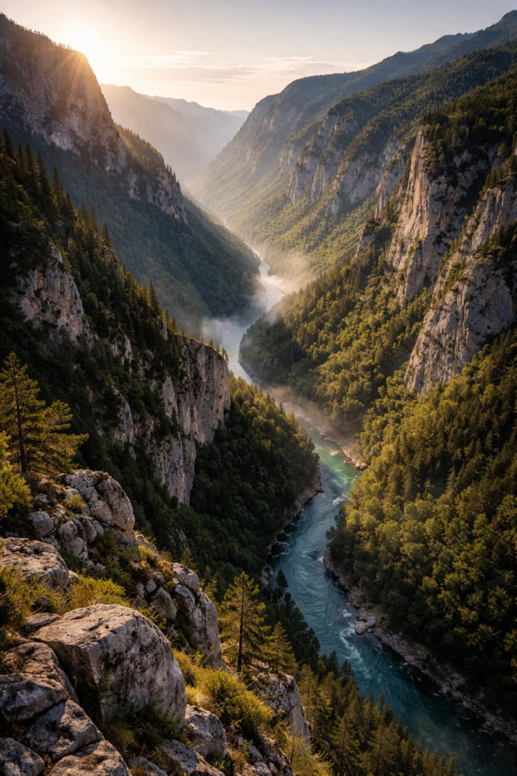 View of a winding river flowing through a sunlit mountain valley with rocky cliffs and dense green forest covered slopes