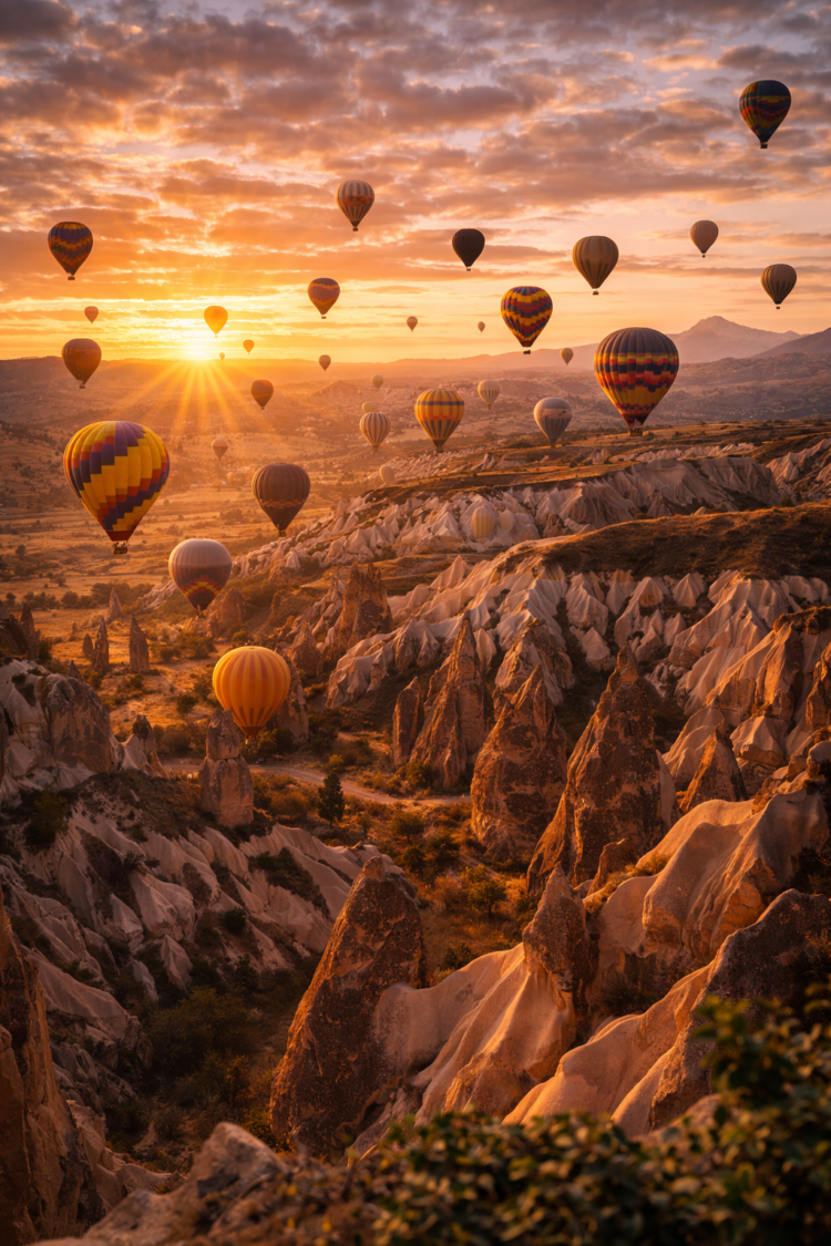 Colorful hot air balloons floating over the rocky valleys of Cappadocia at sunrise with a vibrant sky and soft light