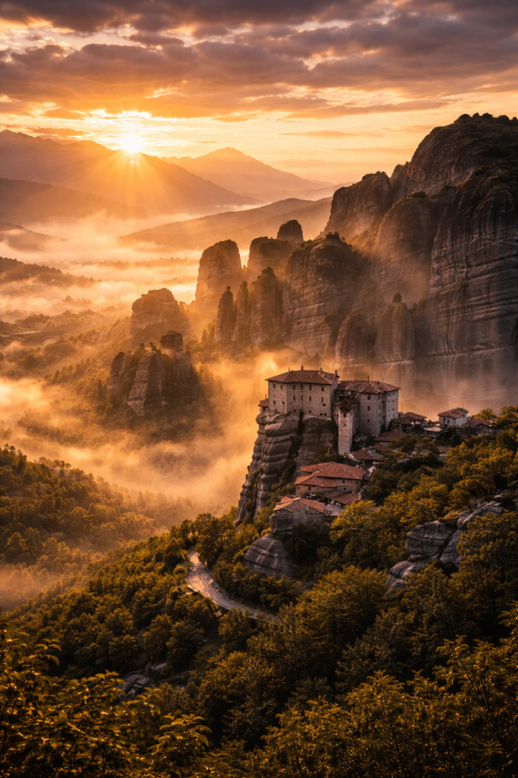 Golden sunrise illuminating the rocky cliffs and ancient Meteora monastery surrounded by misty mountains and lush greenery