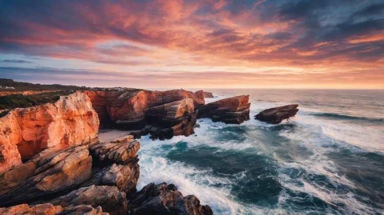 Coastal cliffs bathed in warm sunset light with turbulent ocean waves crashing below under a colorful sky