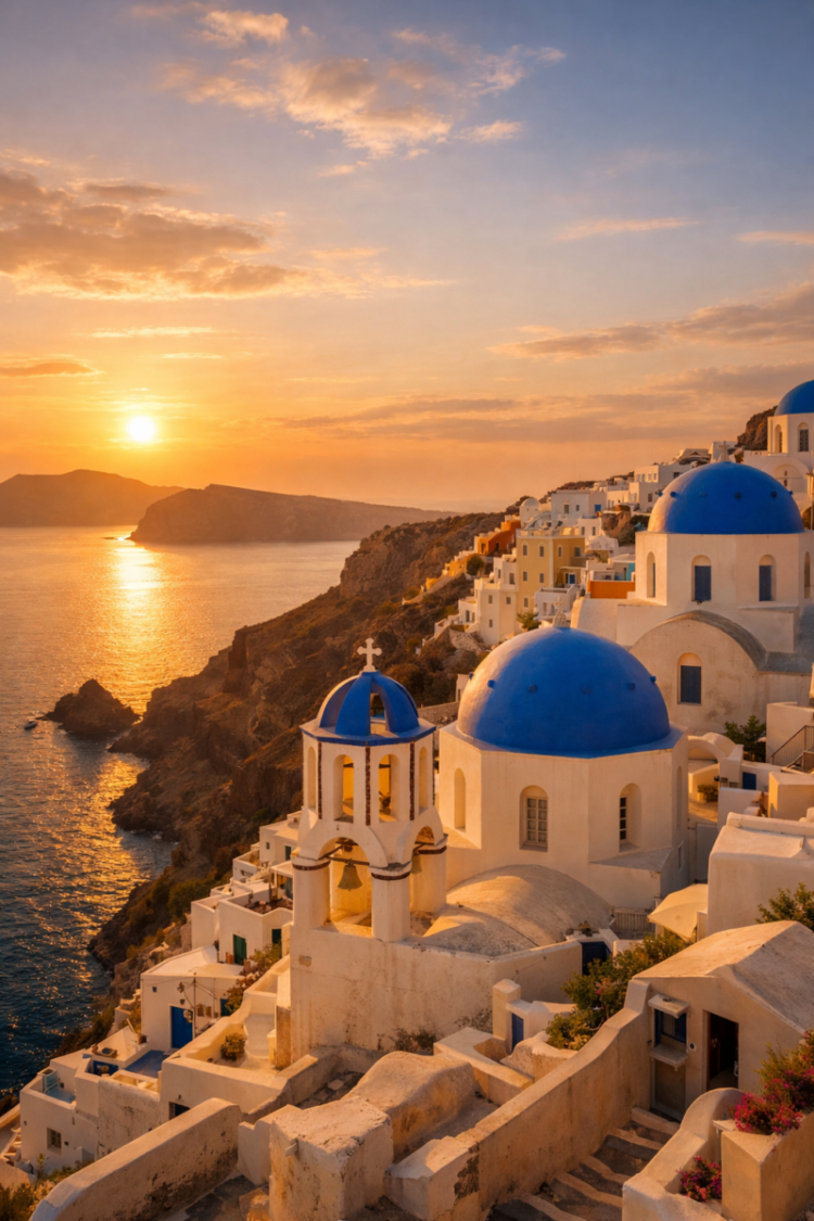 Sunset view over white buildings and iconic blue domed churches on Santorini cliffside with shimmering sea in background