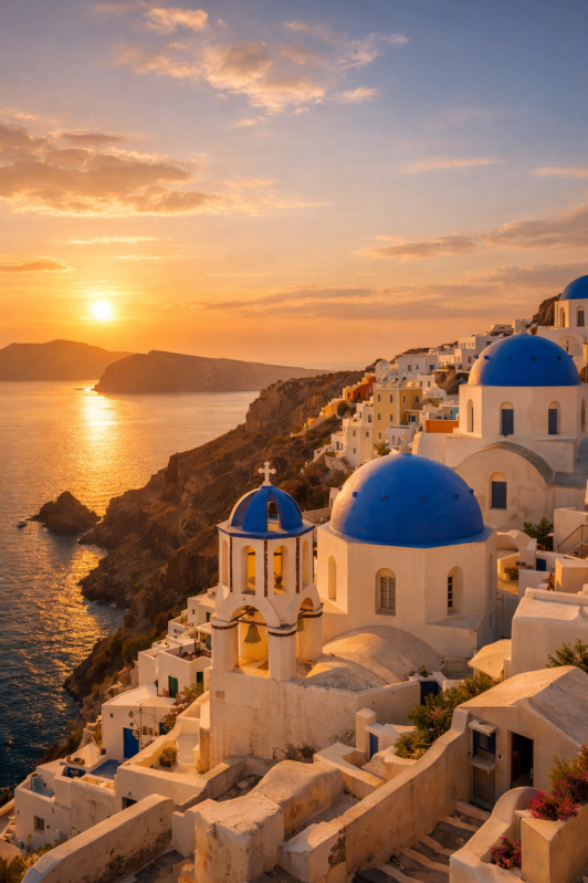 Sunset view over white buildings and iconic blue domed churches on Santorini cliffside with shimmering sea in background