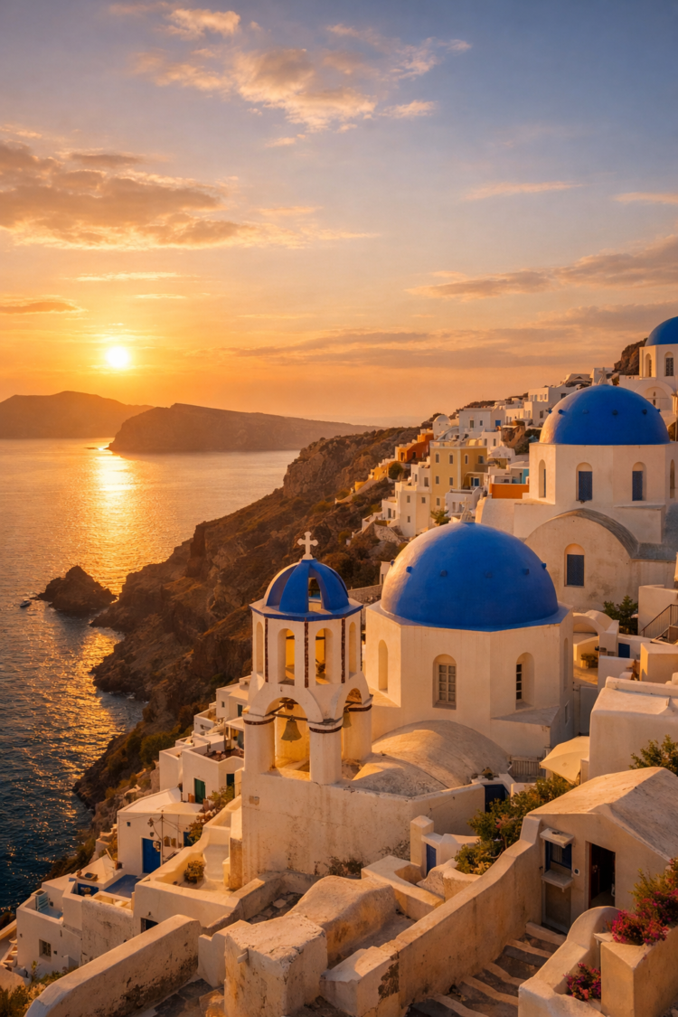 Golden sunset illuminating white buildings with blue domes on a rocky cliff by the sea in Santorini, Greece