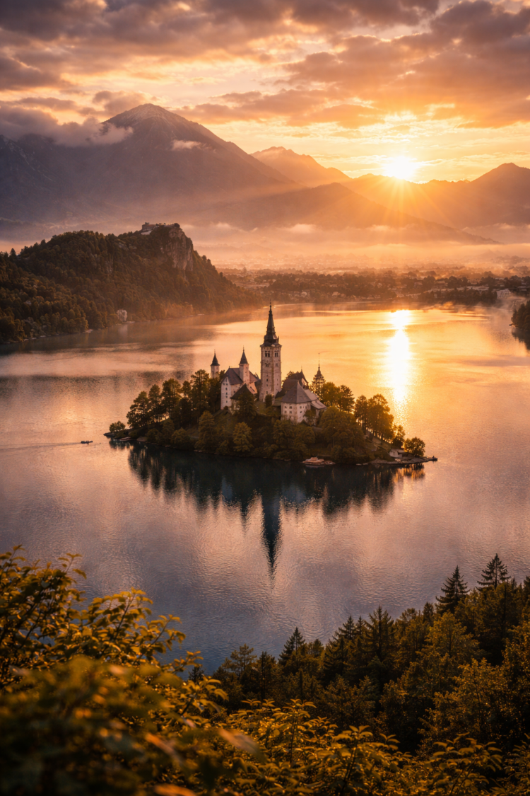Scenic sunset over Lake Bled showing the island church, calm reflective water, and misty mountains in the background