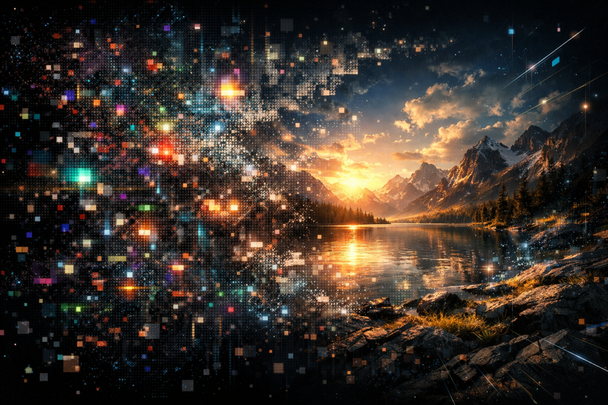 A stunning sunset over a mountain lake with crystal-clear water, pixelated digital squares disperse on the left side blending nature with technology.