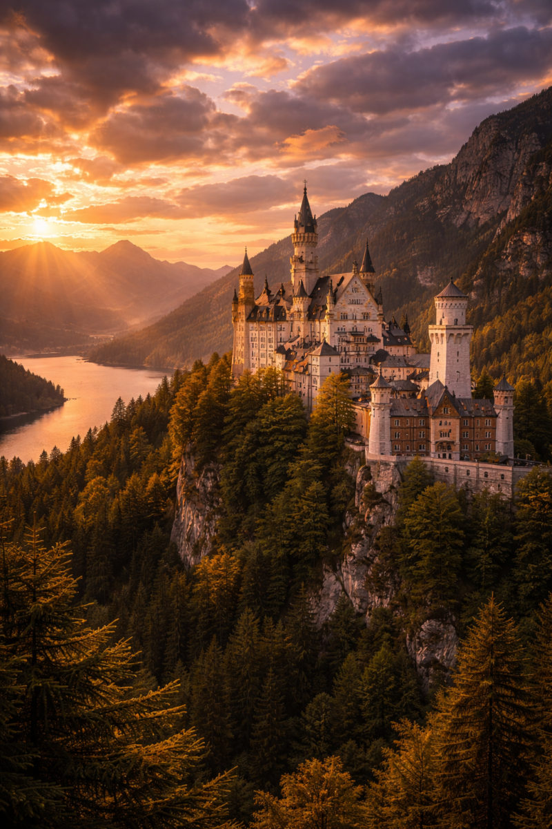 Neuschwanstein Castle perched on a forested cliff beside a lake at sunset with dramatic clouds
