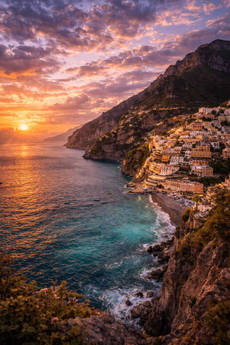 Golden sunset casting light over the colorful cliffside buildings and turquoise water of Positano on the Amalfi Coast