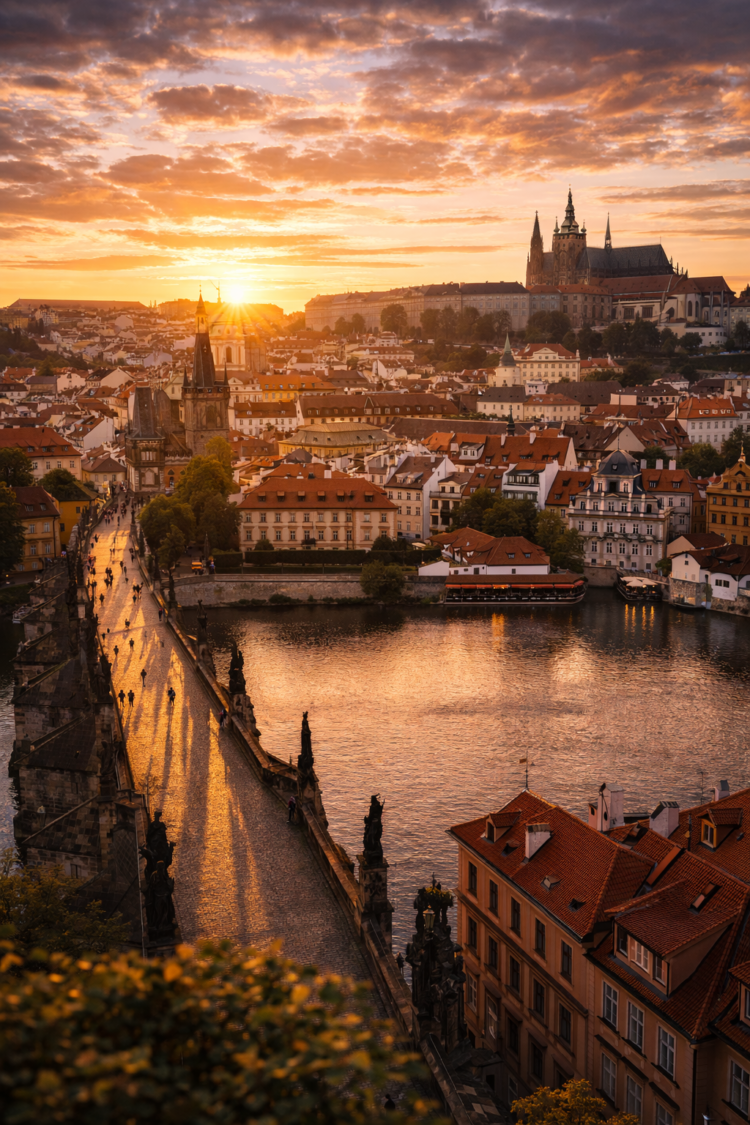 Scenic view of Charles Bridge and Prague cityscape with golden sunlight and vibrant sky during sunset
