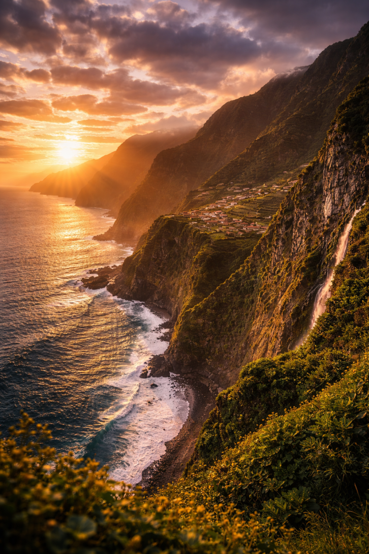 Dramatic sunset illuminating towering cliffs with a small village and crashing ocean waves below in warm golden light