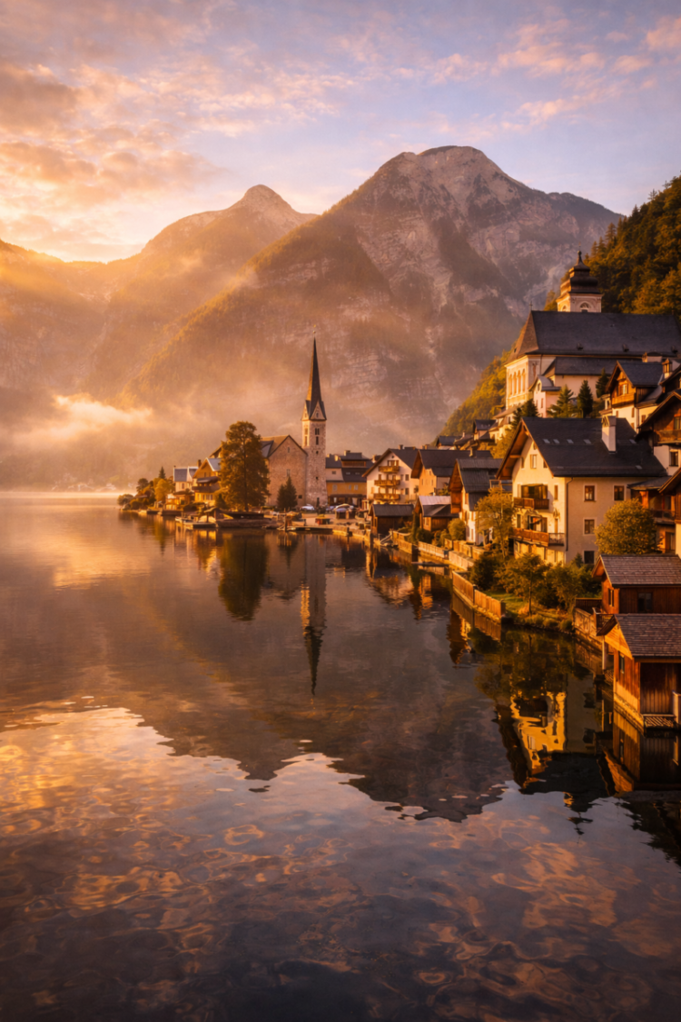 Picturesque lakeside village at sunset with mountains in the background and calm reflective water