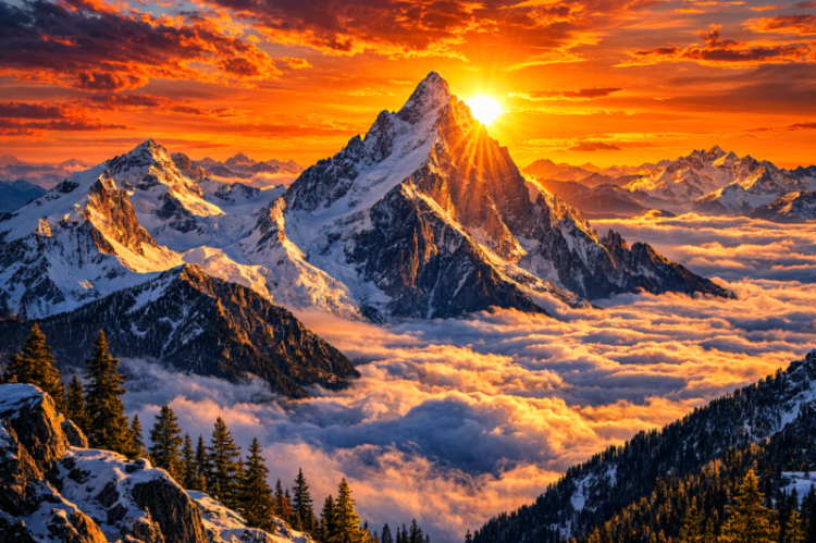 Vibrant sunset illuminating snow-covered mountain peaks and a dense cloud valley below with warm orange and yellow sunlight