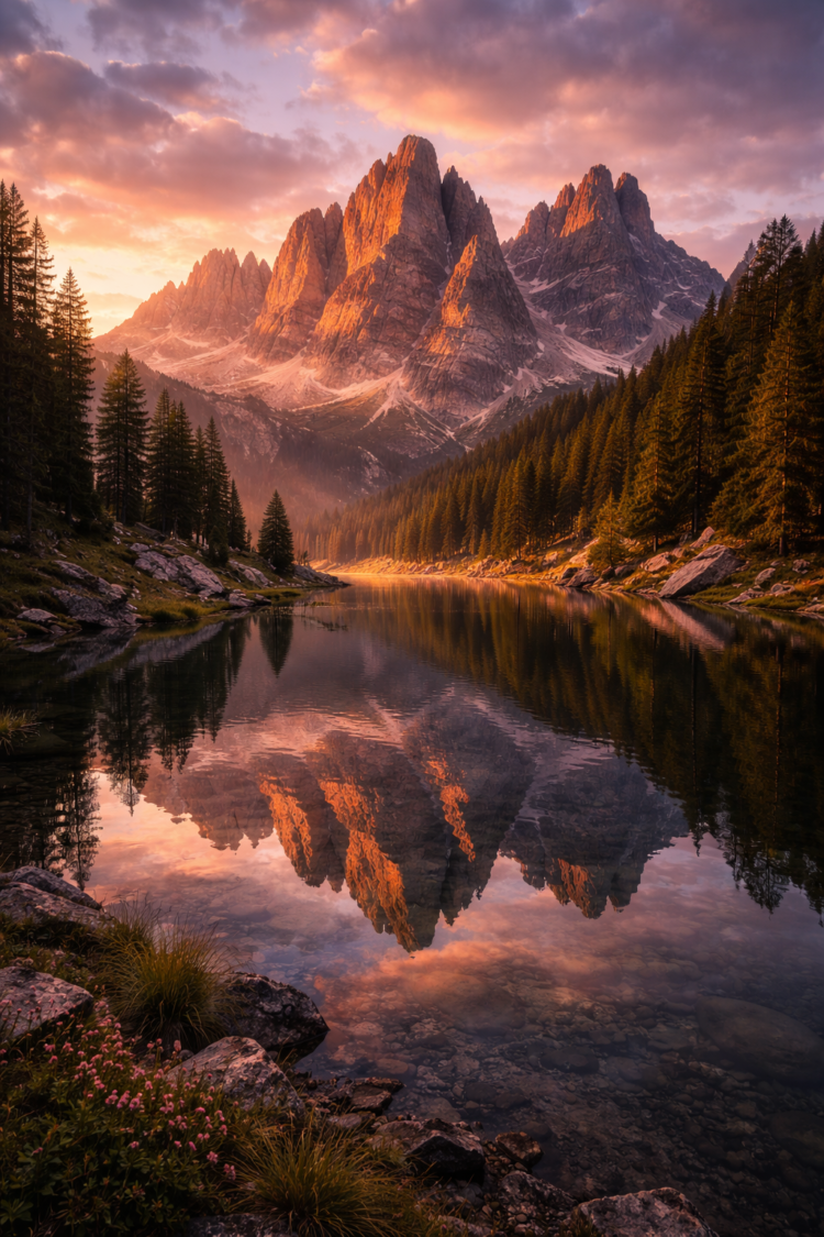 Serene mountain lake reflecting dramatic rocky peaks and dense pine forest under colorful sunset sky