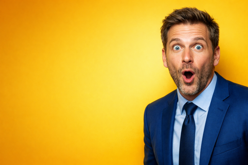 Adult man in a blue suit and tie showing a surprised expression with wide eyes and open mouth against a solid yellow background