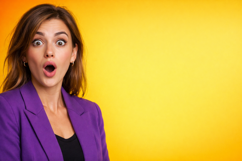 A young woman wearing a purple blazer and black top looking surprised with wide eyes and open mouth on a bright yellow backdrop