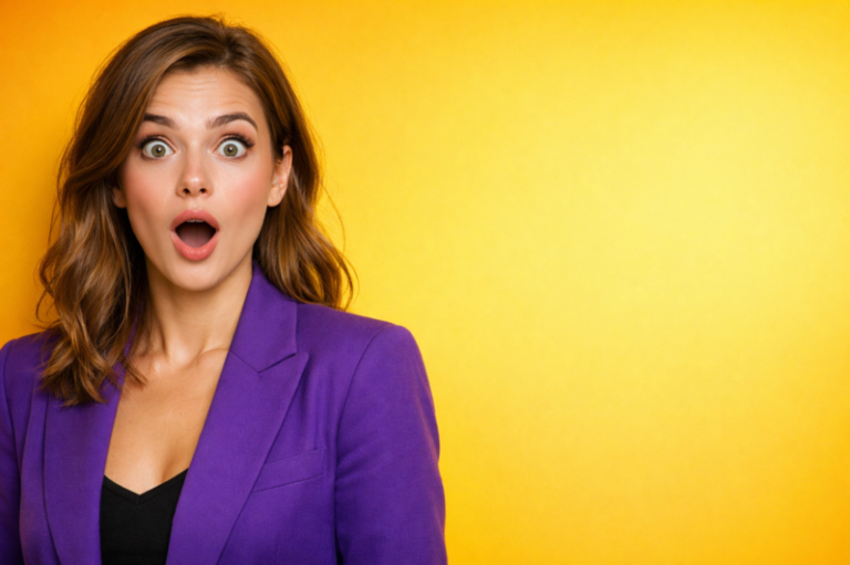 Young woman with expressive wide-open eyes and mouth, wearing a purple blazer and black top, against a bright yellow backdrop