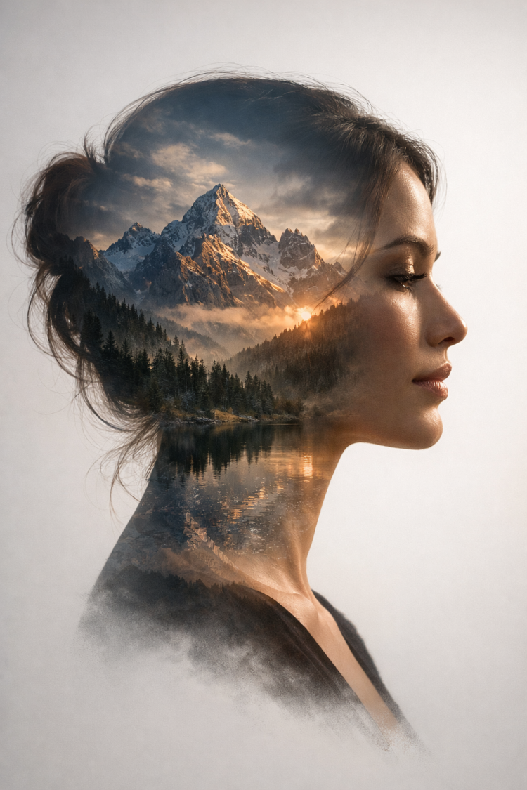 Profile of a woman with a double exposure effect blending her face and hair with a majestic mountain landscape at sunset