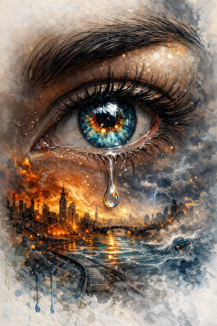 Close-up of a blue eye shedding a large teardrop over a fiery cityscape and turbulent waters, depicted in a detailed watercolor style