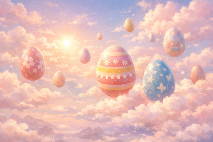 Colorful pastel Easter eggs with flowers and stars floating among pink clouds at sunrise