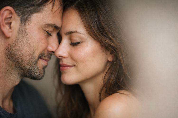 Close-up of a couple with eyes closed touching foreheads, sharing a tender moment of affection and connection