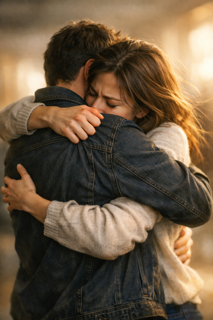 Woman and man embracing tightly as woman closes her eyes in an emotional moment, warm lighting