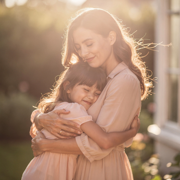 Mother and daughter hugging warmly outdoors in soft golden sunlight with peaceful expressions