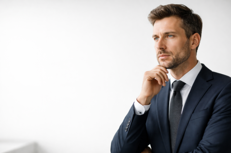 A professional man in a dark suit and tie gazing thoughtfully off-camera with a hand near his chin against a plain white background