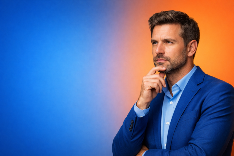 Portrait of a mid-aged man in a blue suit with a thoughtful and contemplative expression, hand on chin, looking off to the side