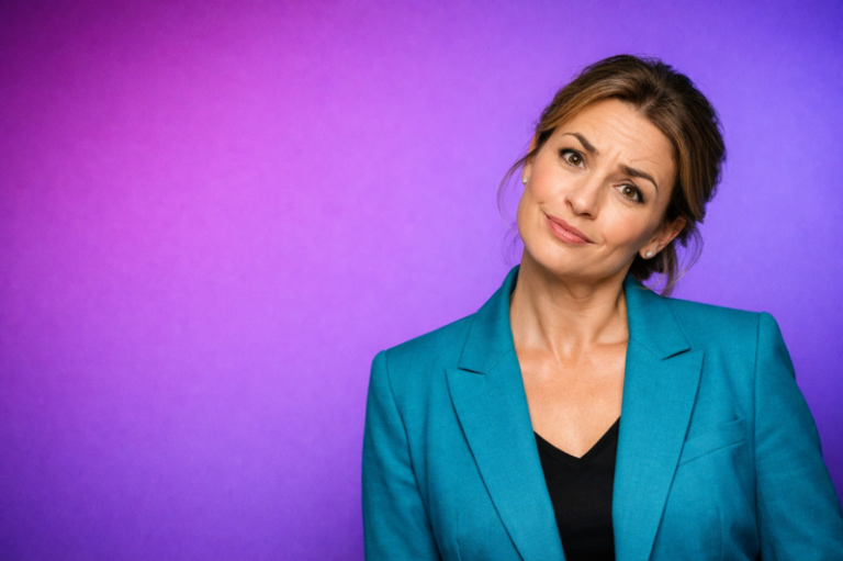 Portrait of a thoughtful middle-aged woman wearing a teal blazer against a solid purple background