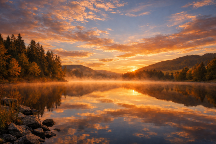 Sunrise over a calm lake with mist rising, surrounded by forested hills reflecting in the still water