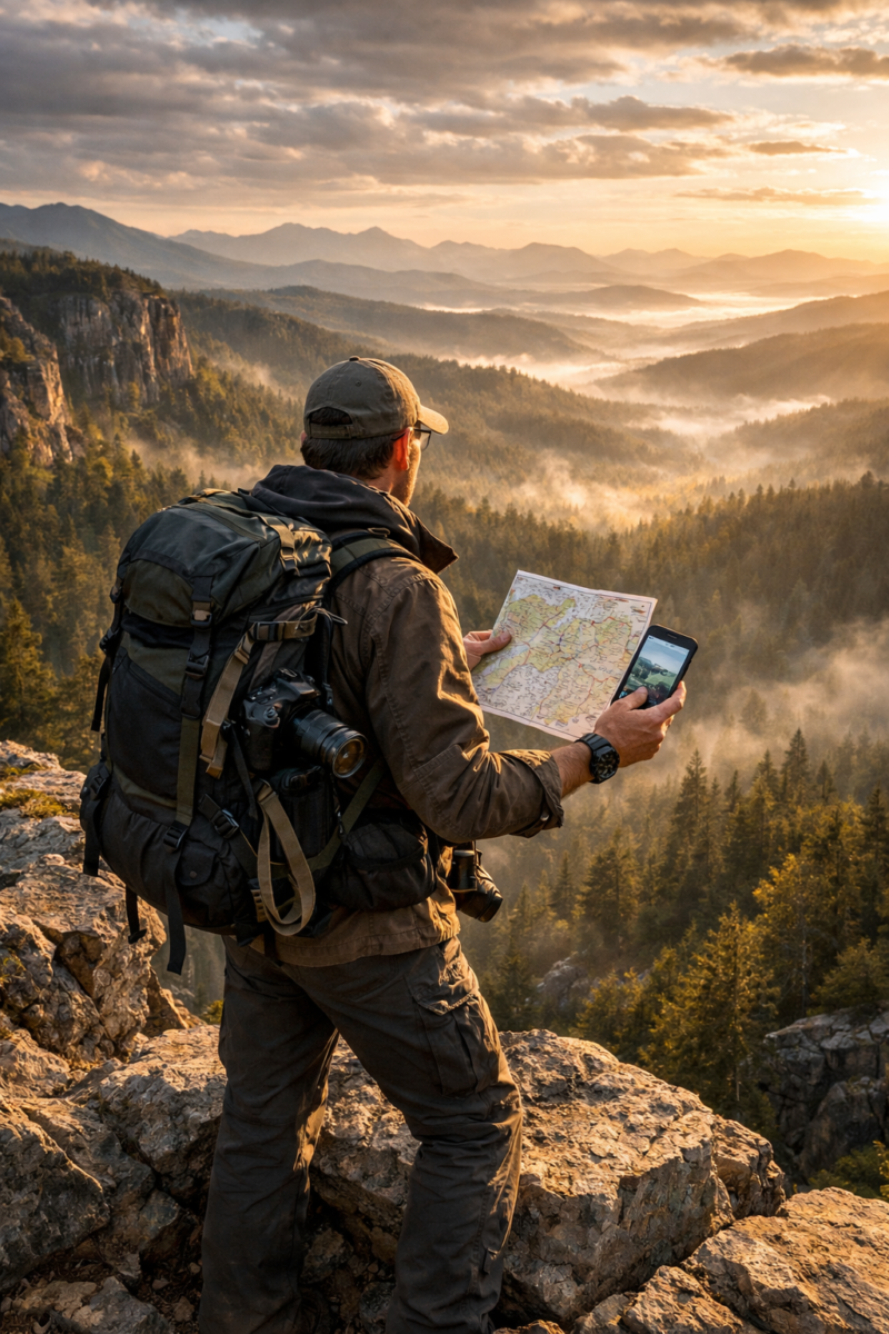 Man wearing backpack and cap stands on rocky cliff holding a map and smartphone looking at foggy mountain forest in sunrise light