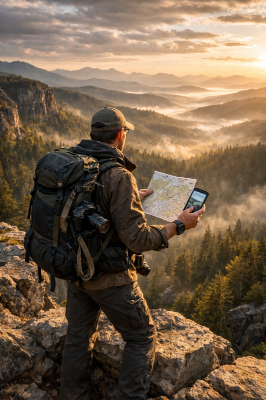 Man wearing backpack and cap stands on rocky cliff holding a map and smartphone looking at foggy mountain forest in sunrise light