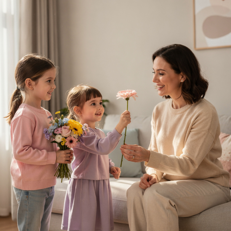 Two young girls in pastel outfits giving colorful flowers to a smiling woman sitting on a couch in a warm, cozy living room