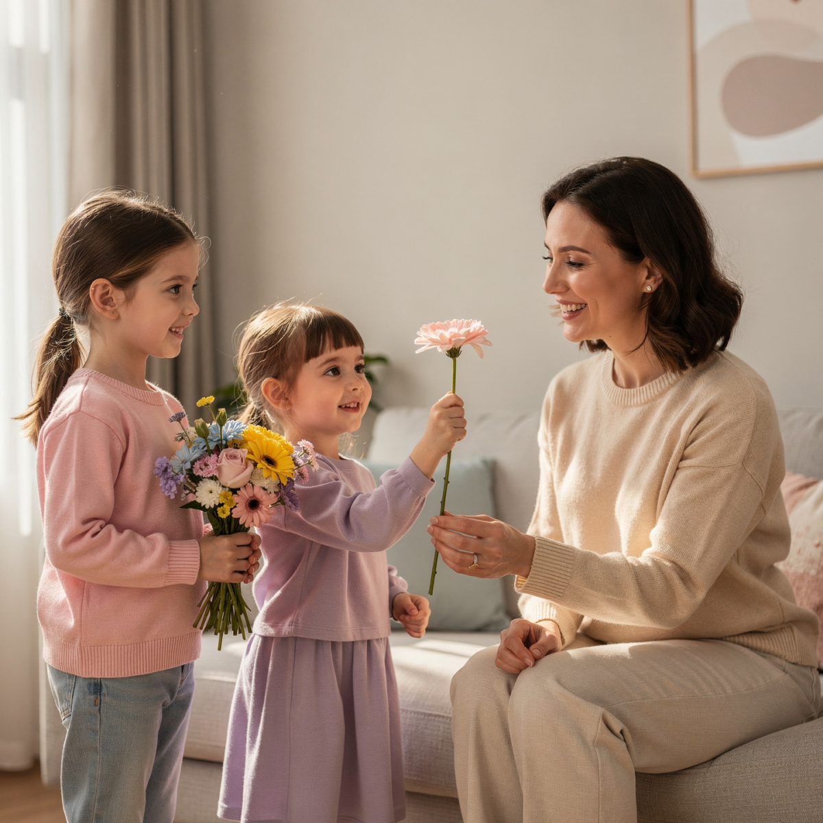 Two young girls happily offering a bouquet and a single flower to a smiling woman sitting on a couch indoors.