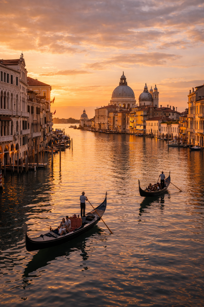 Venice canal at sunset with gondolas carrying passengers and historic buildings reflecting in calm water
