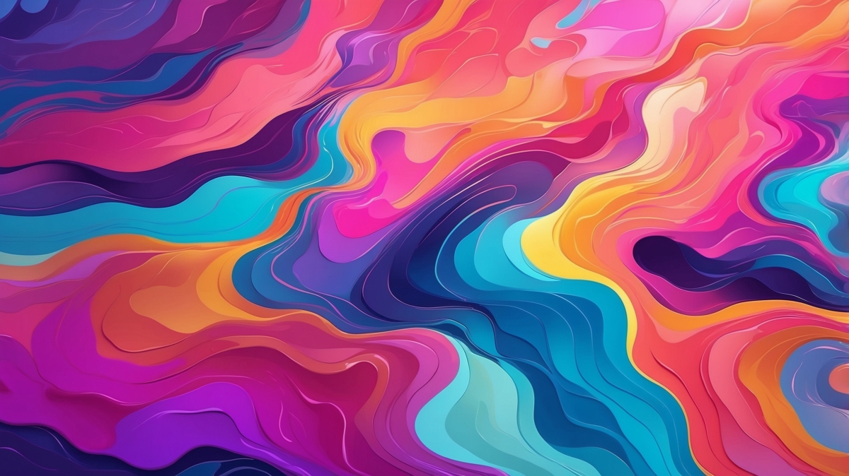 Abstract fluid art background with vibrant swirling colors in shades of pink, purple, blue, orange, and yellow creating a dynamic flow