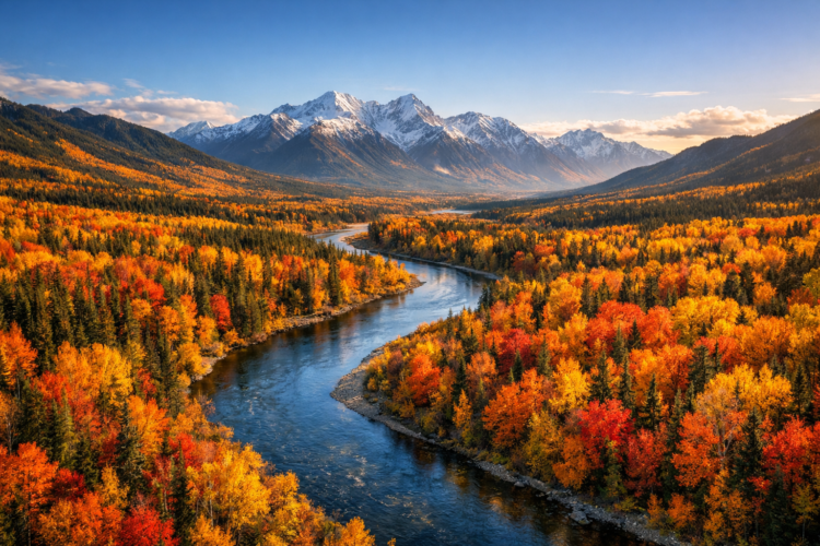 A river meanders through a colorful autumn forest with vibrant red, orange, and yellow foliage and snow-capped mountains in the background under a clear sky
