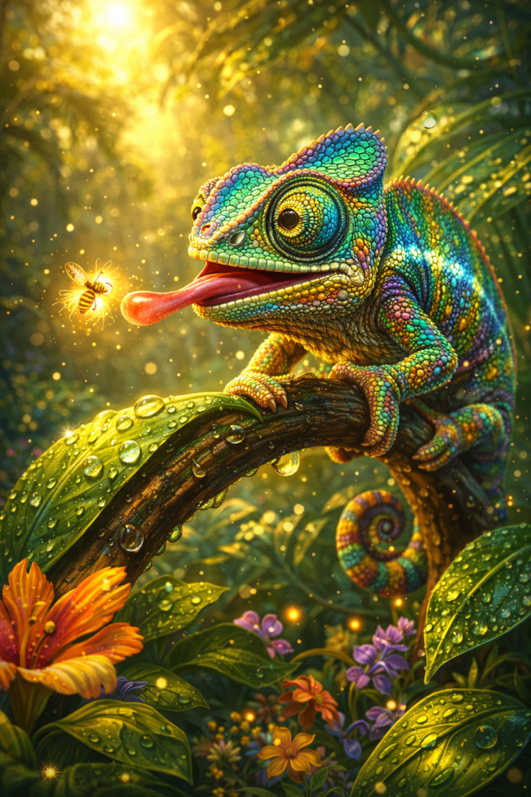 A vibrant chameleon with multicolored scales on a dew-covered branch, extending its tongue towards a glowing bee surrounded by lush green foliage and flowers.