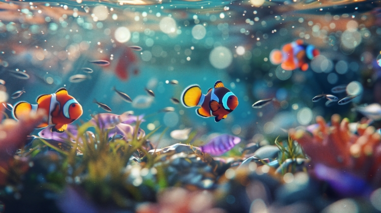 A vibrant underwater scene showing colorful clownfish swimming among coral and sea plants with light and bubbles around